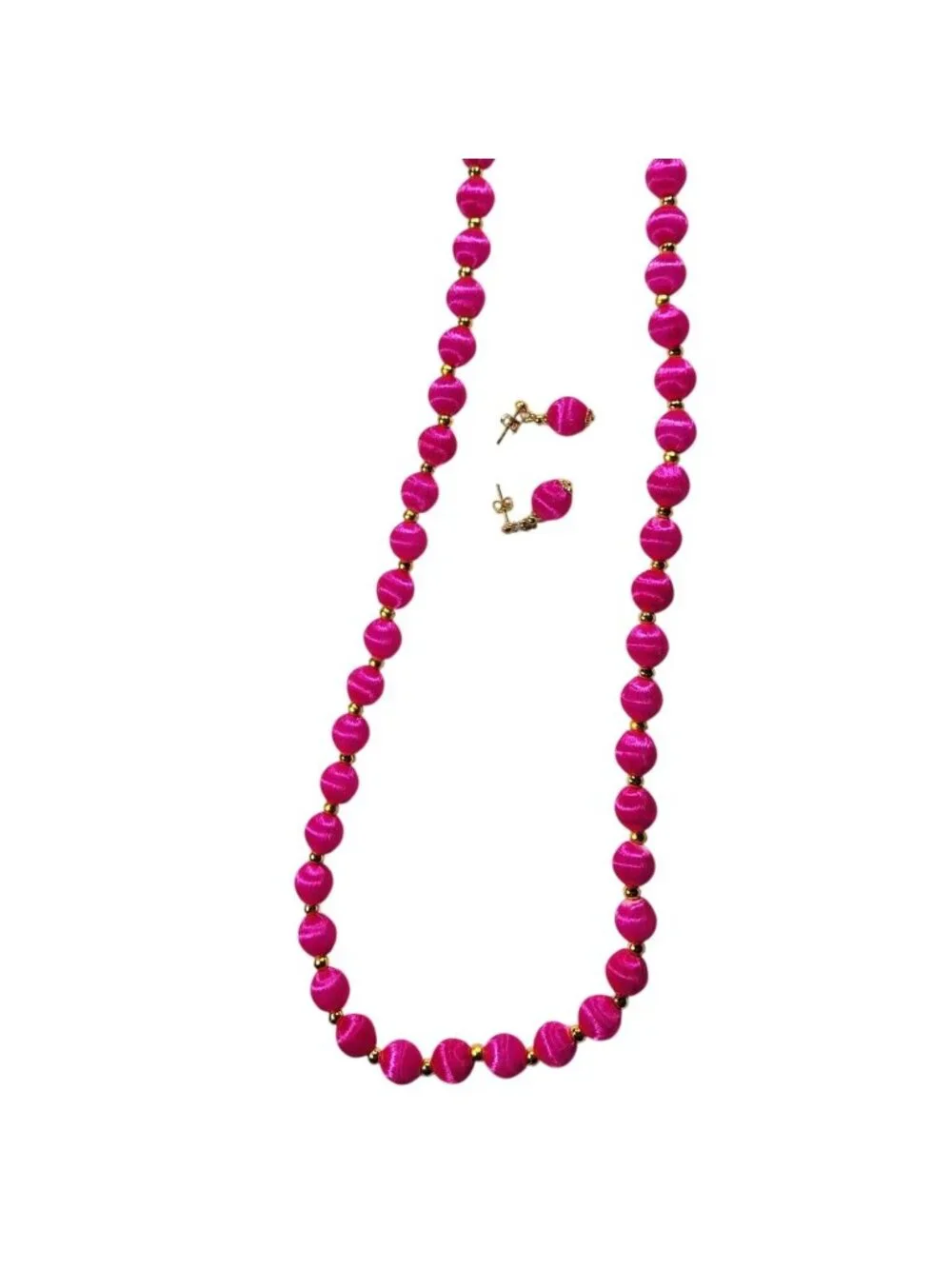 Pink Thread Beaded Necklace Matching Earrings Set Gold-Tone Womens Jewelry